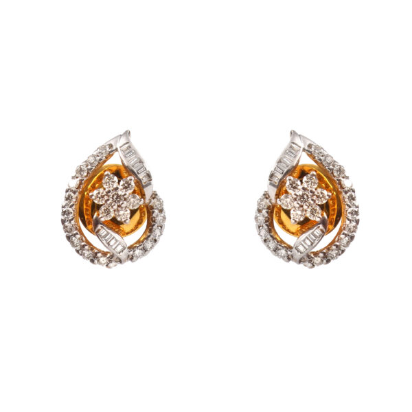 Gold Teardrop Floral Diamond Stud Earrings - Image 3