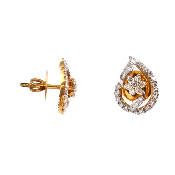 Gold Teardrop Floral Diamond Stud Earrings - Image 4