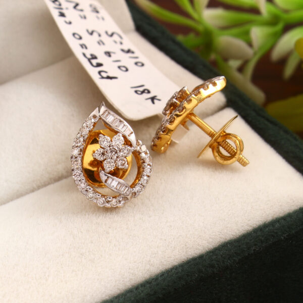 Gold Teardrop Floral Diamond Stud Earrings - Image 2