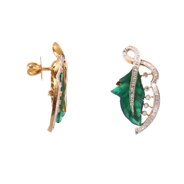 Leaf-Inspired Gold & Emerald Diamond Earrings - Image 3