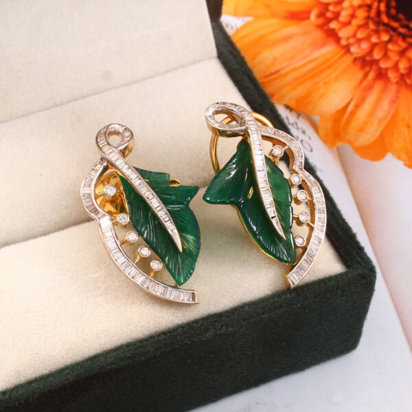 Leaf-Inspired Gold & Emerald Diamond Earrings - Image 4