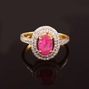 Majestic Ruby Halo Ring in Pure Gold with Natural Diamonds
