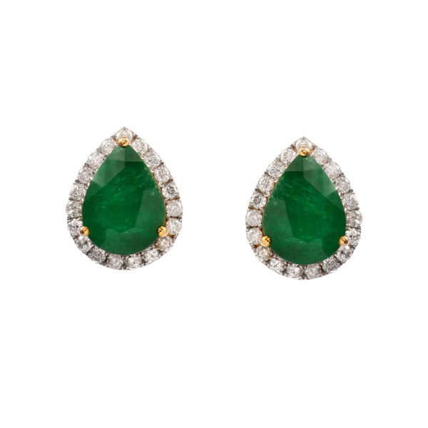 Emerald and Diamond Halo Stud Earrings - Gold - Image 2