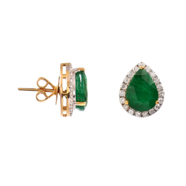 Emerald and Diamond Halo Stud Earrings - Gold - Image 3