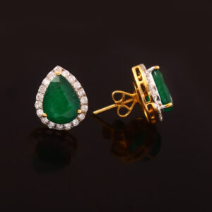Emerald and Diamond Halo Stud Earrings - Gold