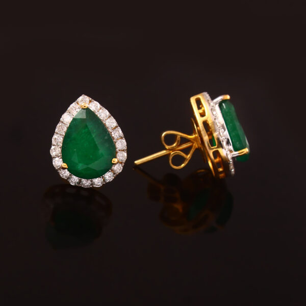 Emerald and Diamond Halo Stud Earrings - Gold