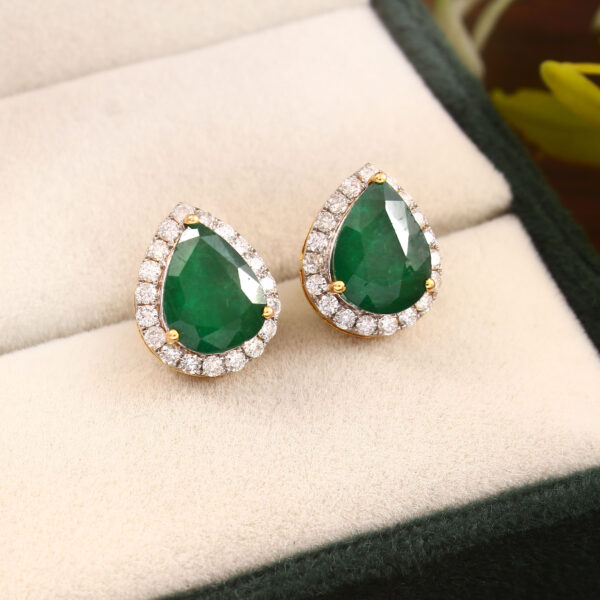 Emerald and Diamond Halo Stud Earrings - Gold - Image 4