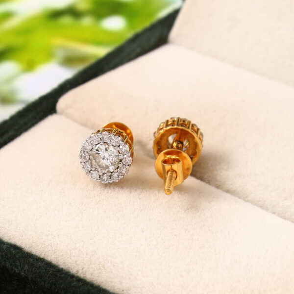 Elegant Round Halo Diamond Stud Earrings – Gold Screw-Back - Image 2